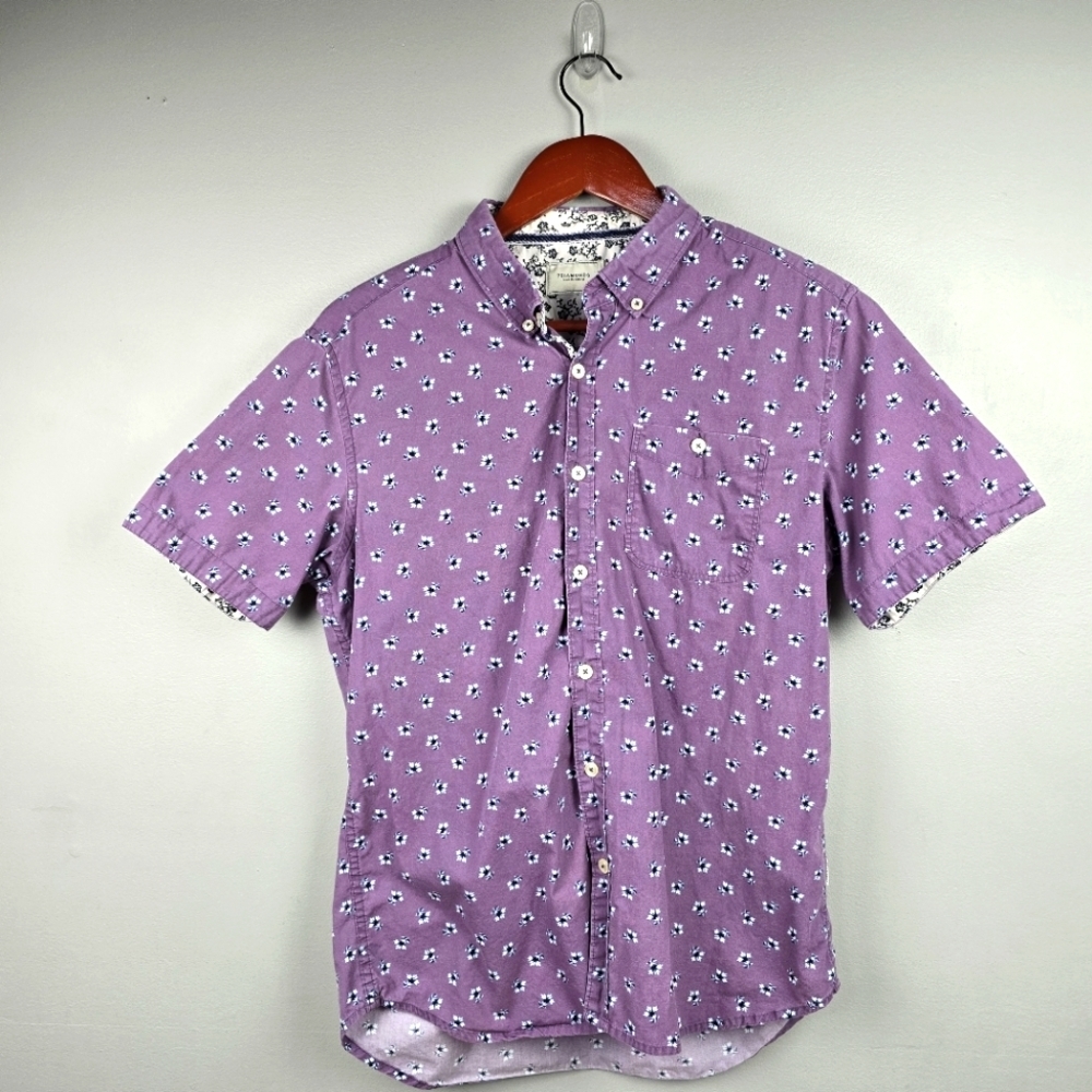 7DIAMONDS All Over Floral Print Short Sleeve Button‎ Down Purple Men Sz M Preppy